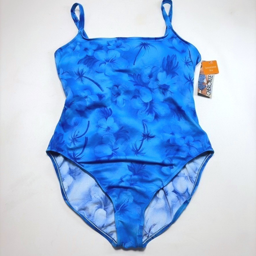 Cherokee Vintage 2002 Target One Piece Swimsuit Womens 14 Blue Floral NWT