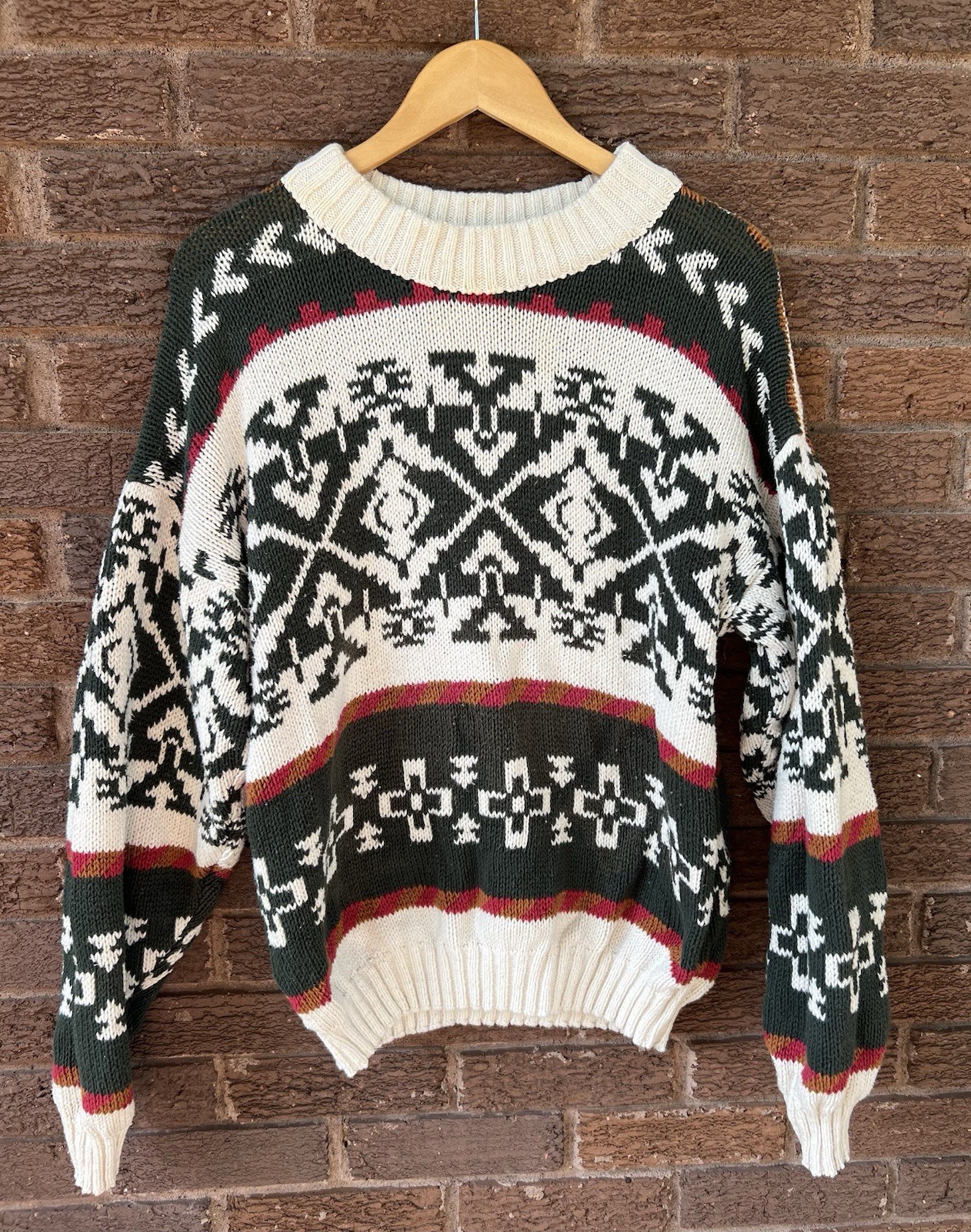 Aztec Pattern Knit Cotton Sweater Southwestern Print 80s 90s Vintage L
