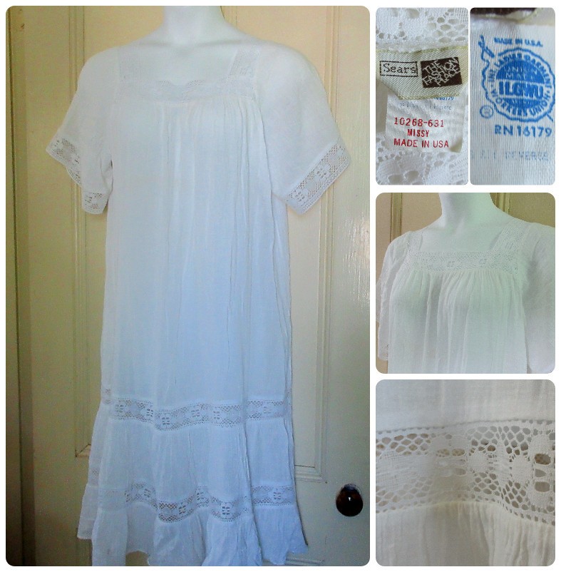Vtg 1970s SEARS size M Cotton Gauze Peasant Dress Lace Tiers Hippie Wedding Boho