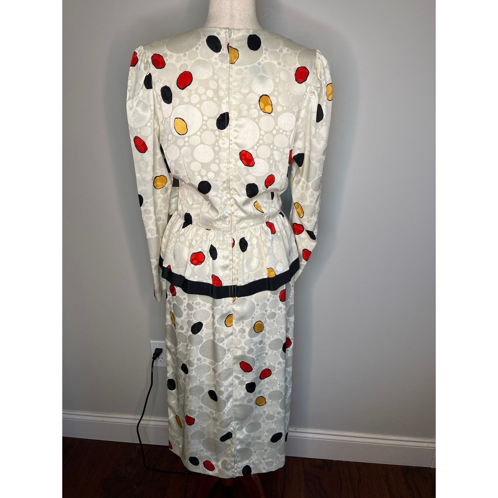 1980s Studio E Red Yellow Polka Dot Bows Maximalist Artsy Peplum Midi Dress M