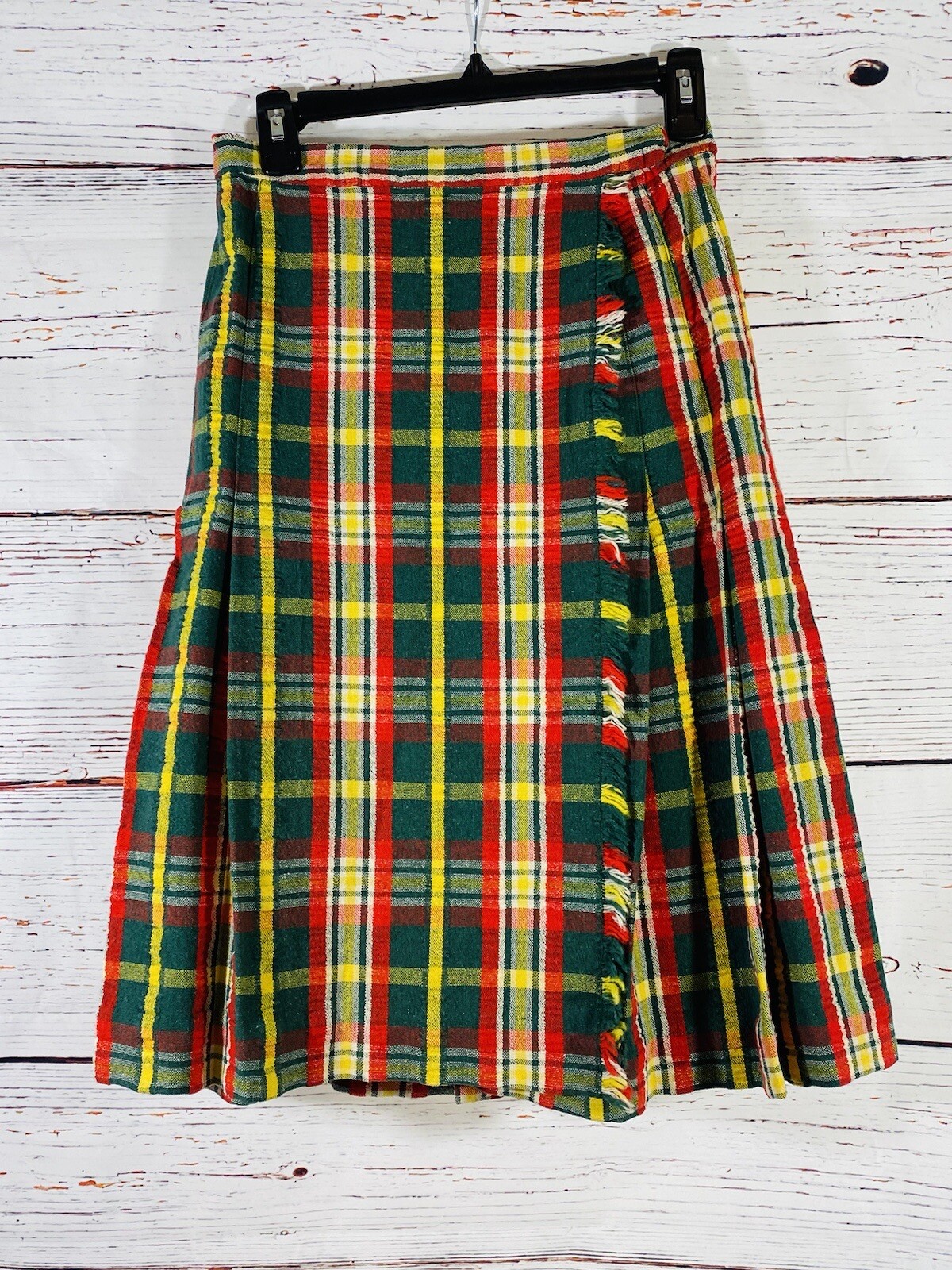 Vintage Plaid Jacket Skirt Set Handmade 1960s or 1970s Retro Green Red Yellow
