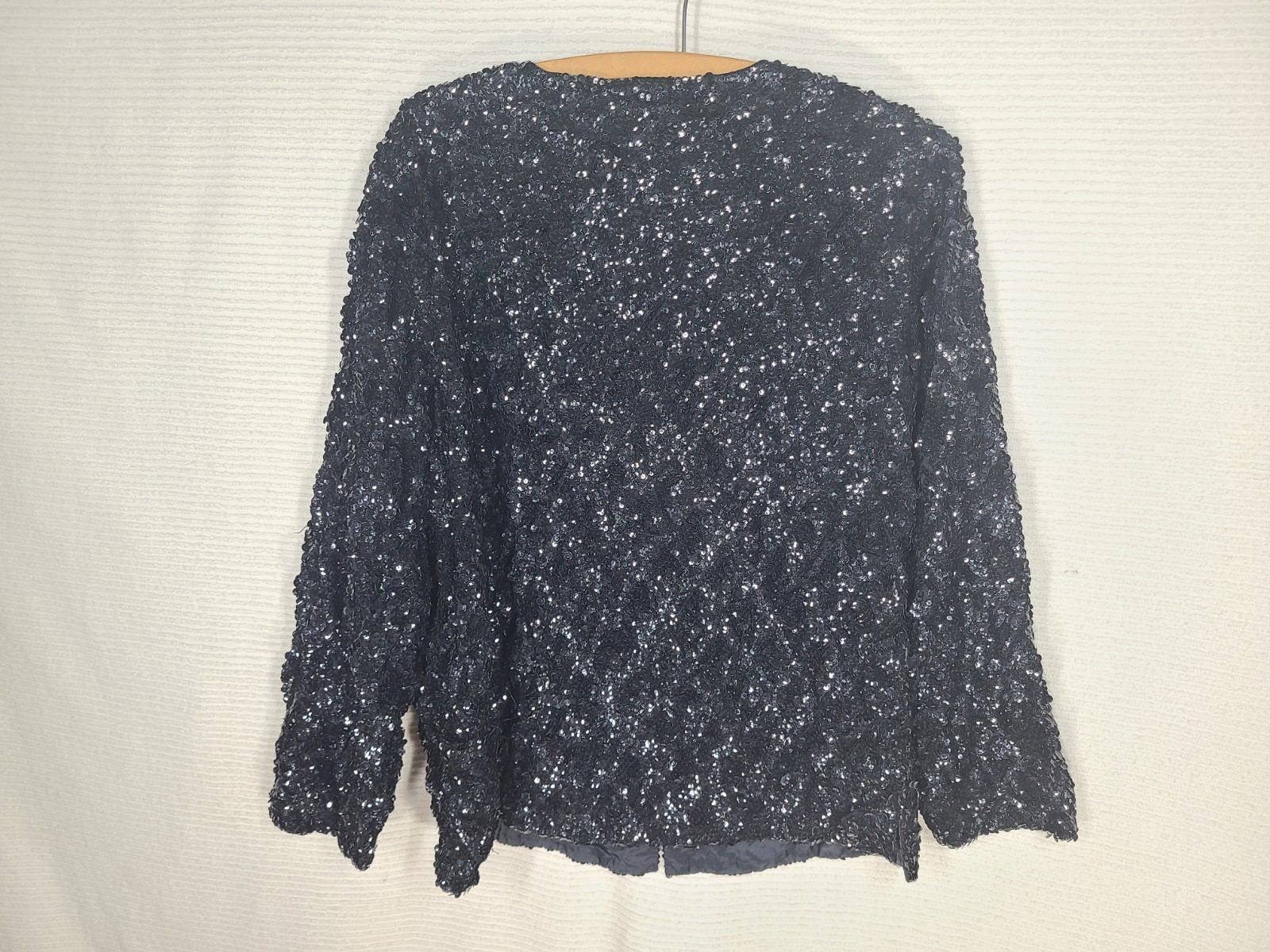 Vintage 1980s Black Sequin Jacket 46&Prime;b XL Minimal Squares Formal Evening Retro