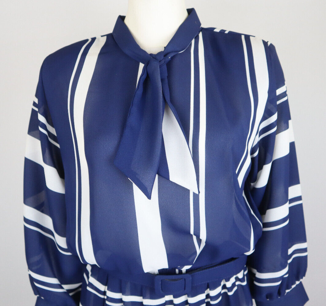 VINTAGE WOMEN&rsquo;S SHEER BLUE STRIPED BELTED DRESS – LADY CAROL – SIZE 10P