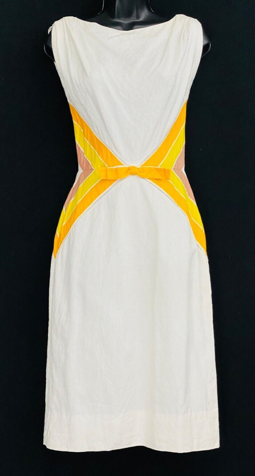 Vintage 1950s white dress, yellow gold striped diamond geometric sleeveless XS