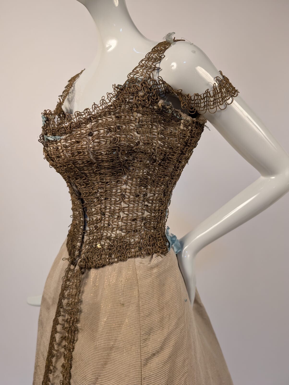 UNUSUAL VICTORIAN 1880’S SILK FAILLE + METALLIC GOLD BRAID BUSTLE DRESS
