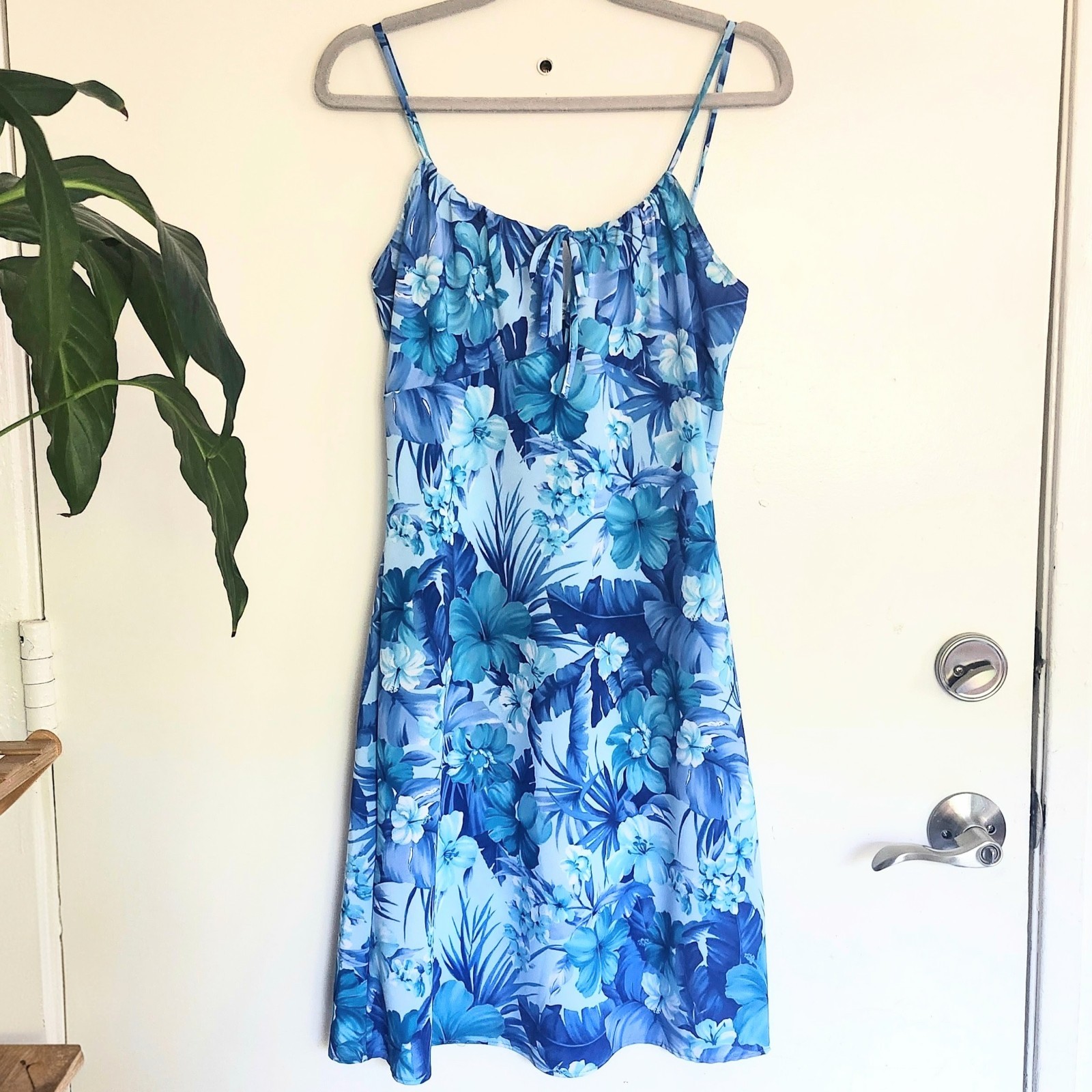 Vintage Charlotte Russe Blue Tropical Floral Slip Dress Made USA Women&rsquo;s Large