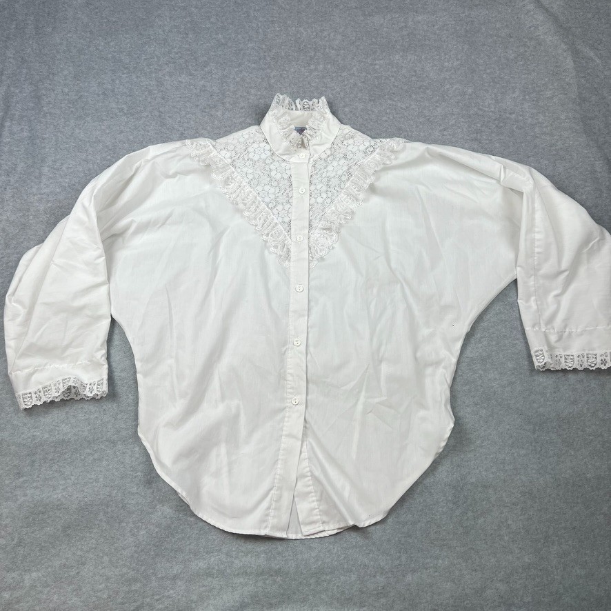 Vtg Victorian Style Lace Blouse High Collar 80s White Size LARGE Equestrian USA