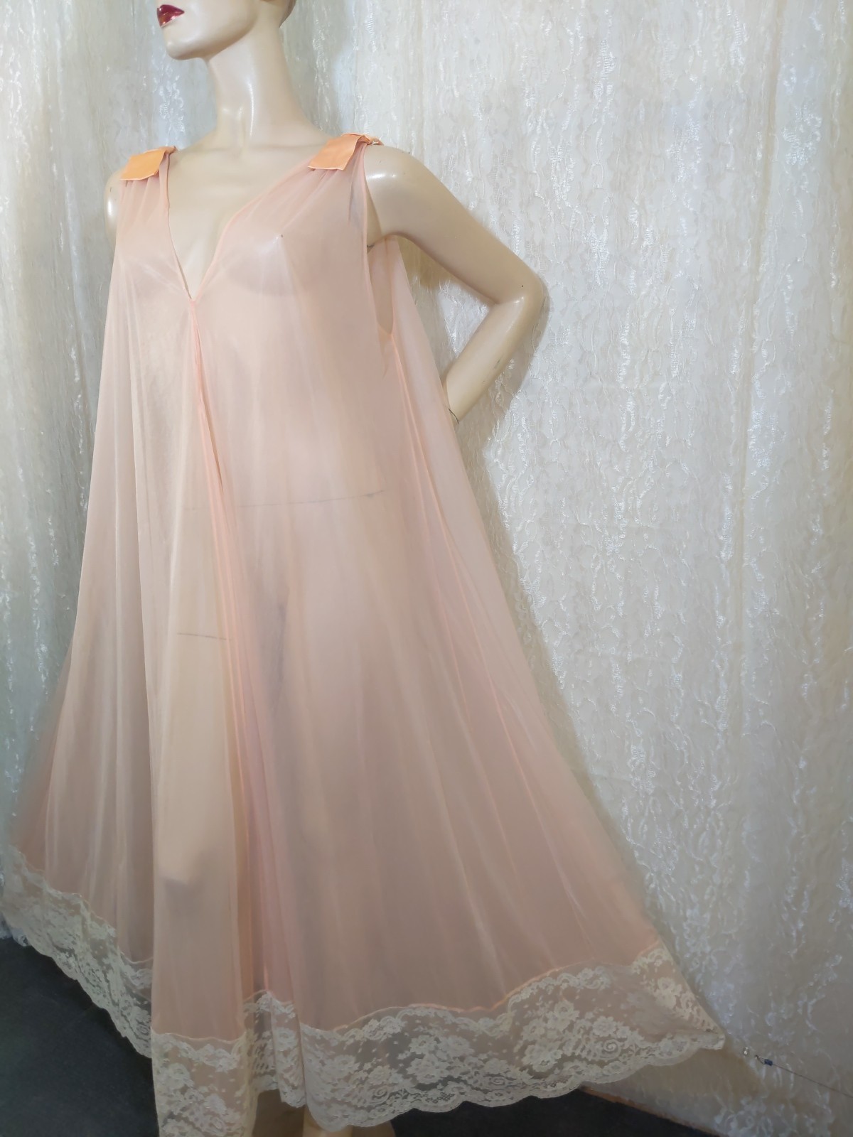 Vintage Double Layer Shear Chiffon Satin Bow Luxurious Lace Peignoir Robe M L XL