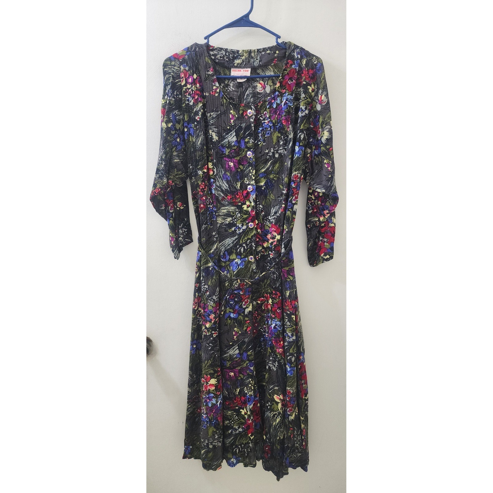 Vintage Oscar Too! Women Floral Rayon Button Front Midi Dress Belted Black Sz 10