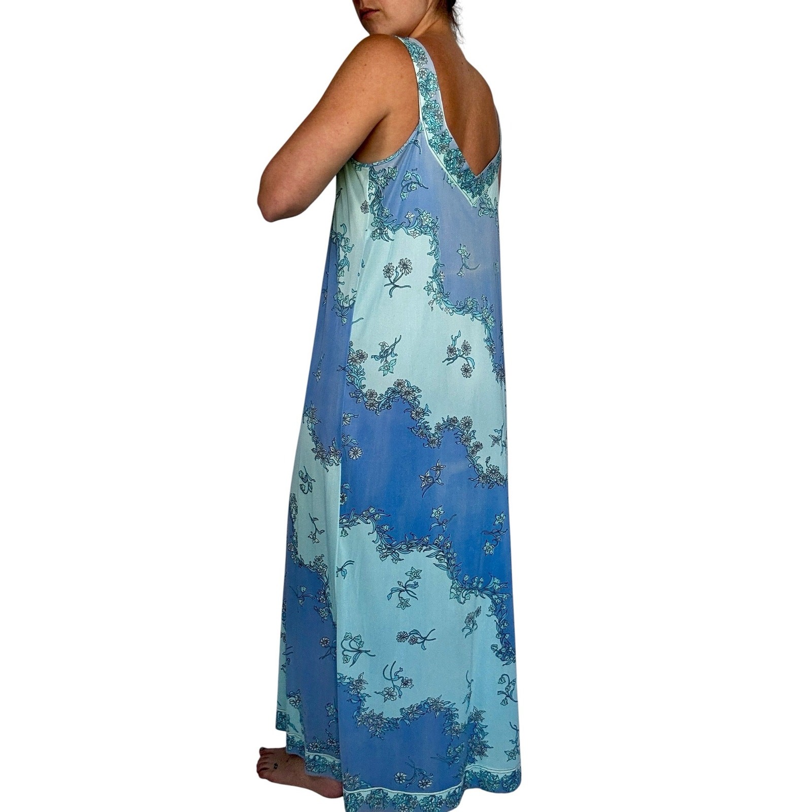 Vintage 1970s EMILIO PUCCI for Formfit Rogers Blue Floral Nylon Maxi Dress Slip