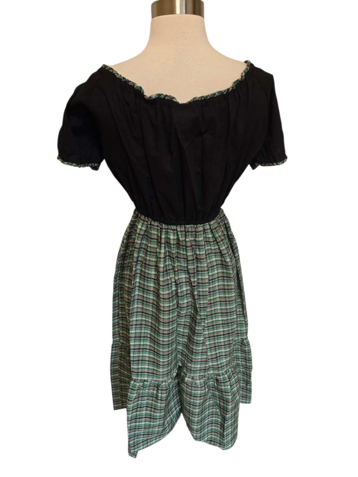 1960s 70s Vintage Womens Dress High Waist Green Plaid Schoolgirl Cinch Tie Bust