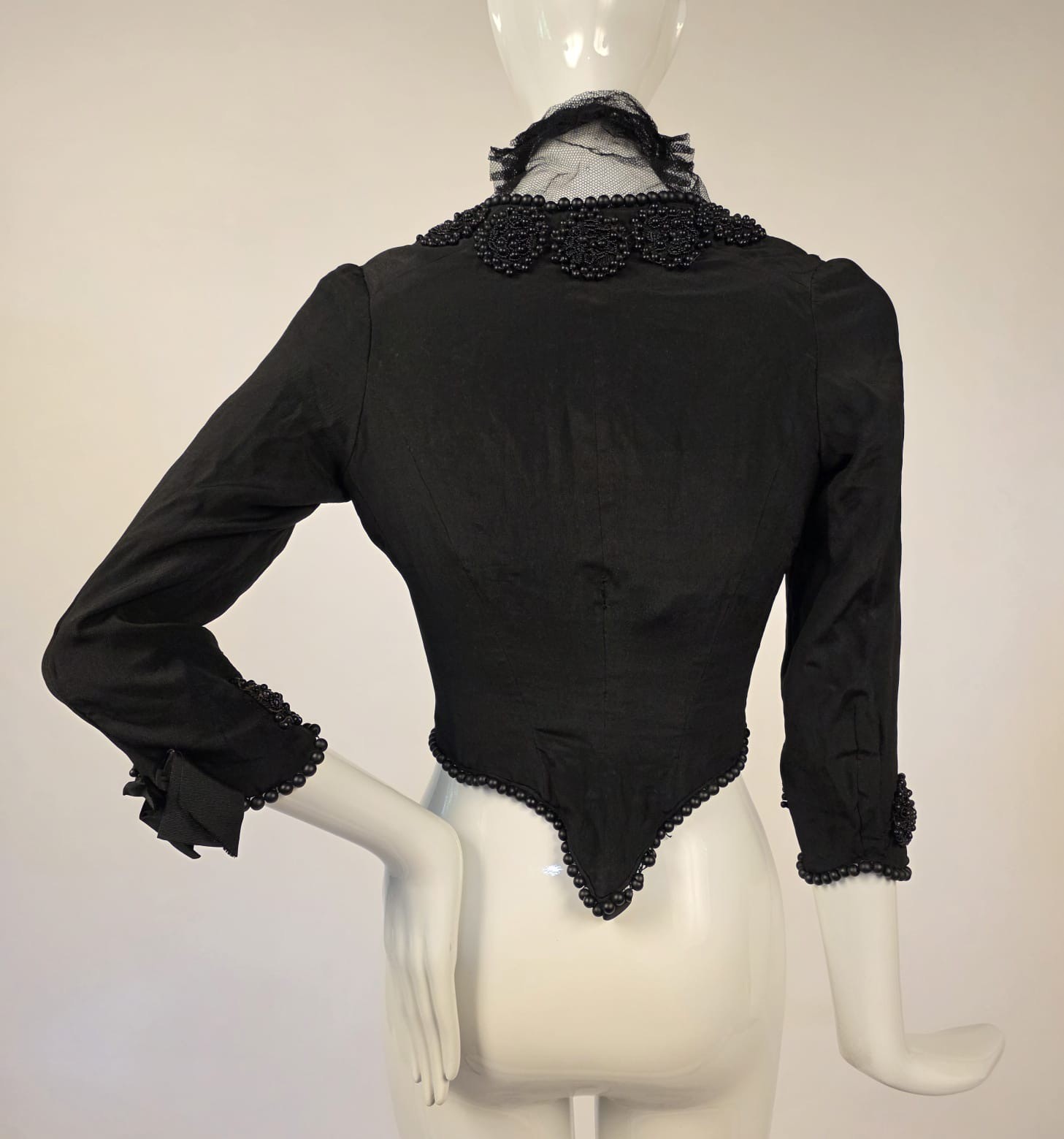 VICTORIAN 1890’S BLACK SILK BODICE W BUBBLE GLASS BEADING + CORSET LACING FRONT