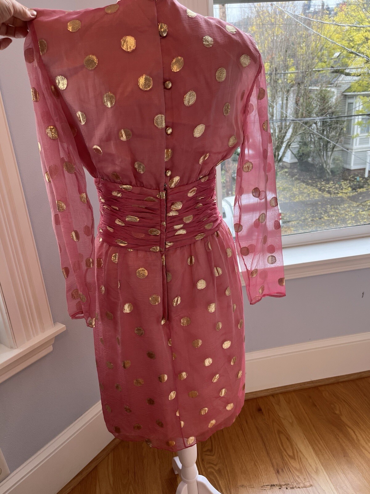 80’s Iconic dynasty Couture Pink Silk Gold Foil Dot Dress 6 Vintage Goddess S