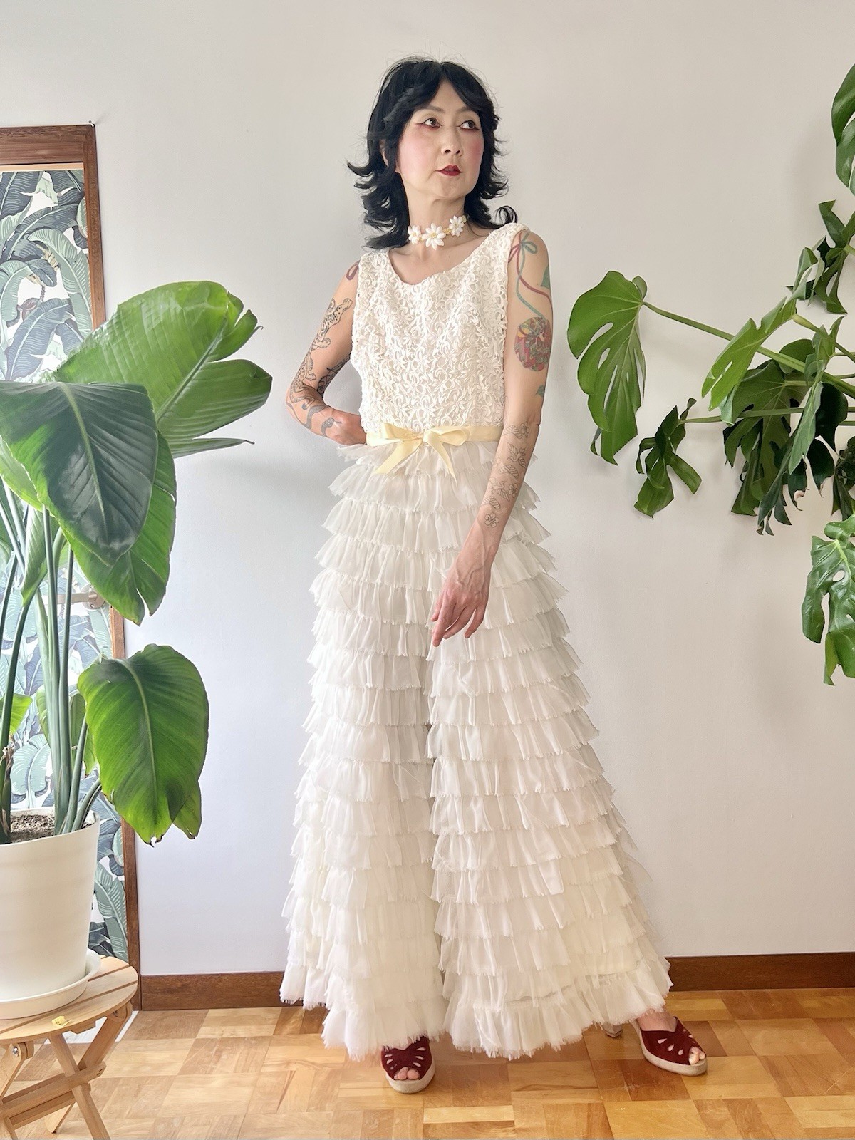 VTG 60s Kadine Lace Palazzo Jumpsuit White Tiered Chiffon Ruffle Mod Bridal S