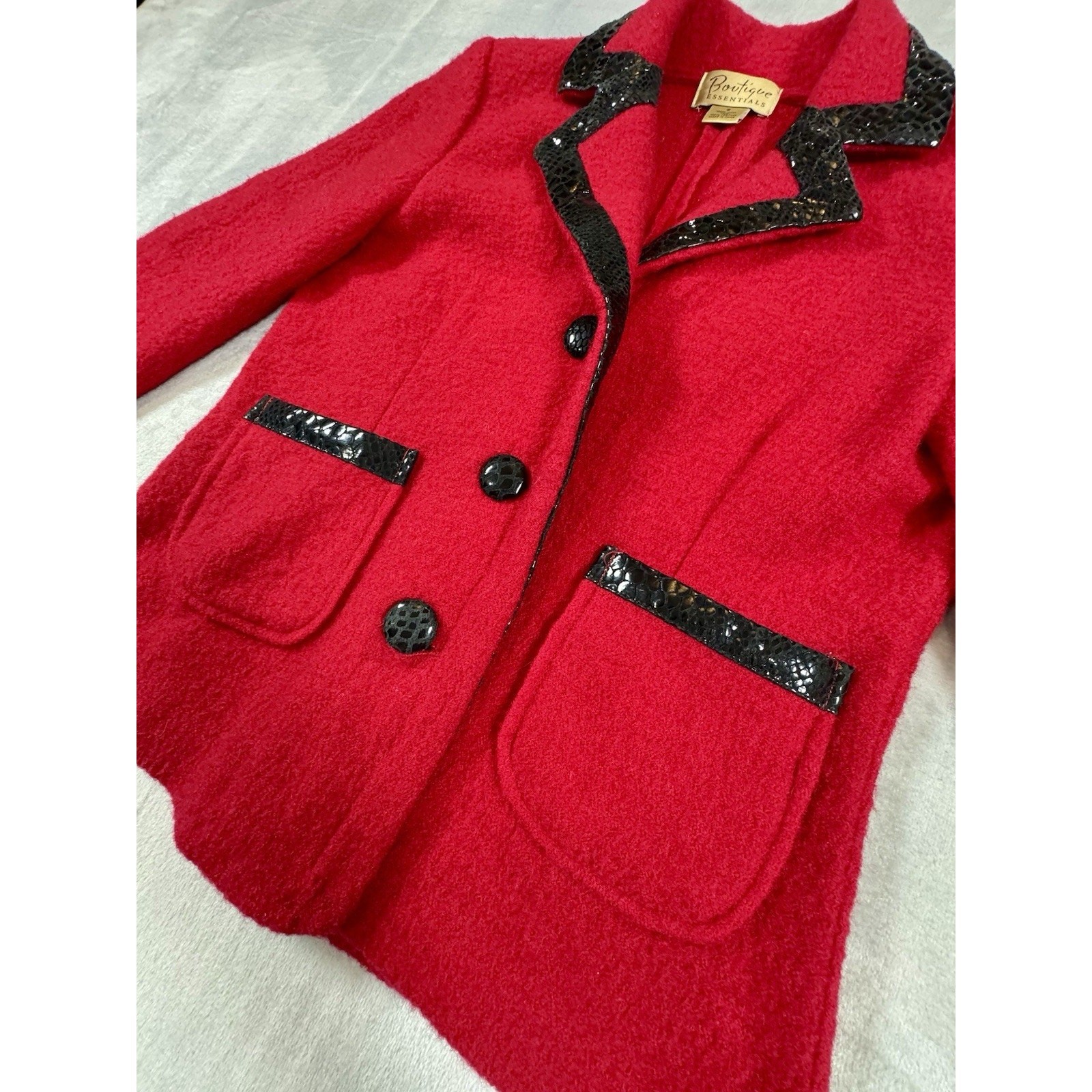 Vintage 1980s Red Wool Jacket Black Leather Trim Boutique Essentials Small
