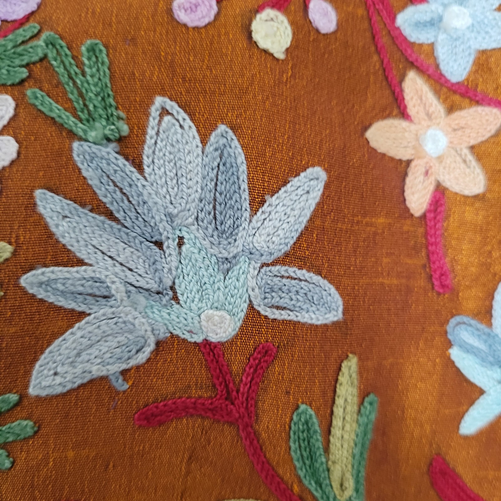 Vintage Long Kashmiri Aari Crewel Embroidered Copper Silk Jacket Floral Size L
