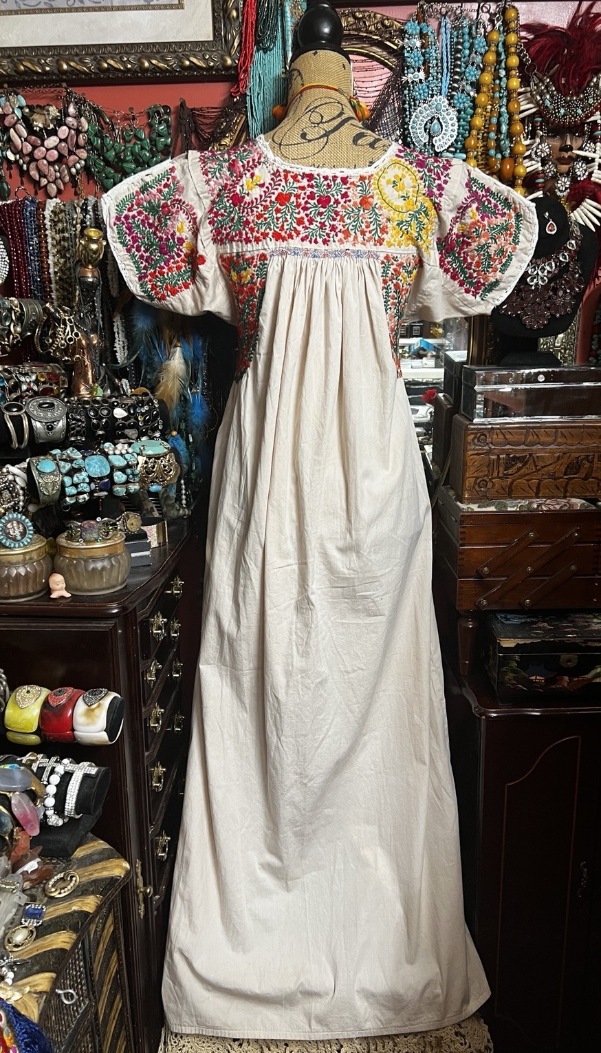 Beautiful Oaxaca Light Beige Dress In Cotton With Multi Color Embroidery M/L