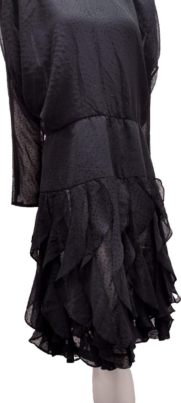 1980s Batwing Sheer Chiffon Dress Black Flapper Scallop 80s Dolman Sleeves M/L