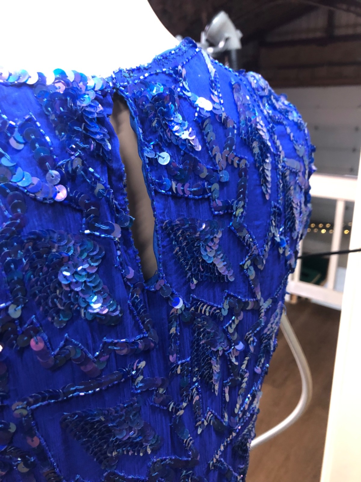 Vintage 80s Swee Lo Blue Sequin Beaded 2 Piece Top Skirt Set 100% Silk Sz M