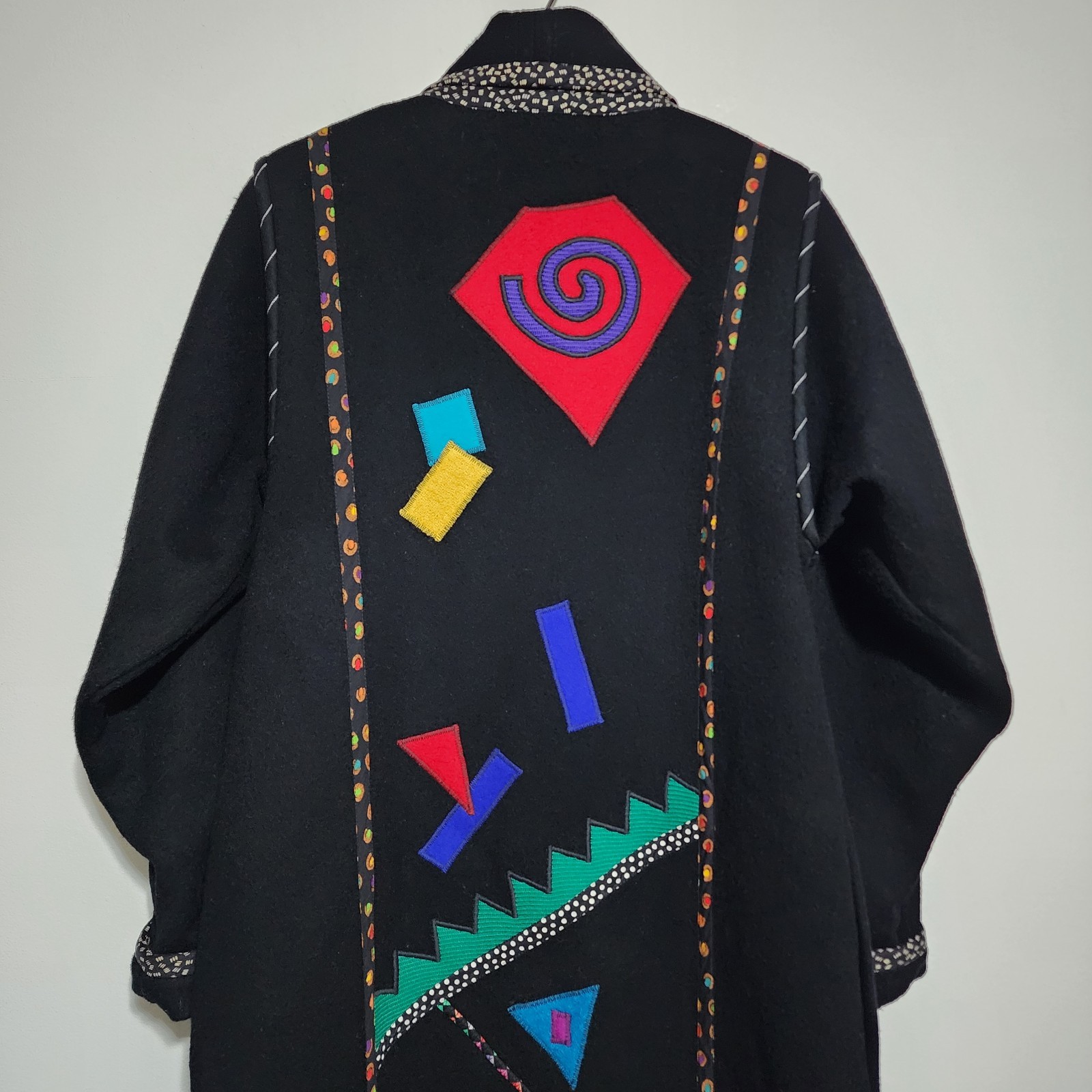 Vintage LYNN MURRAY Wearable Art Wool Coat Long Black Applique Geometric 80s 90s