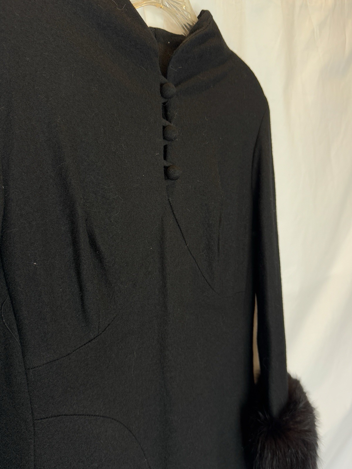 Sandi Monica Vintage Black Wool Coat Dress with Fur Trim