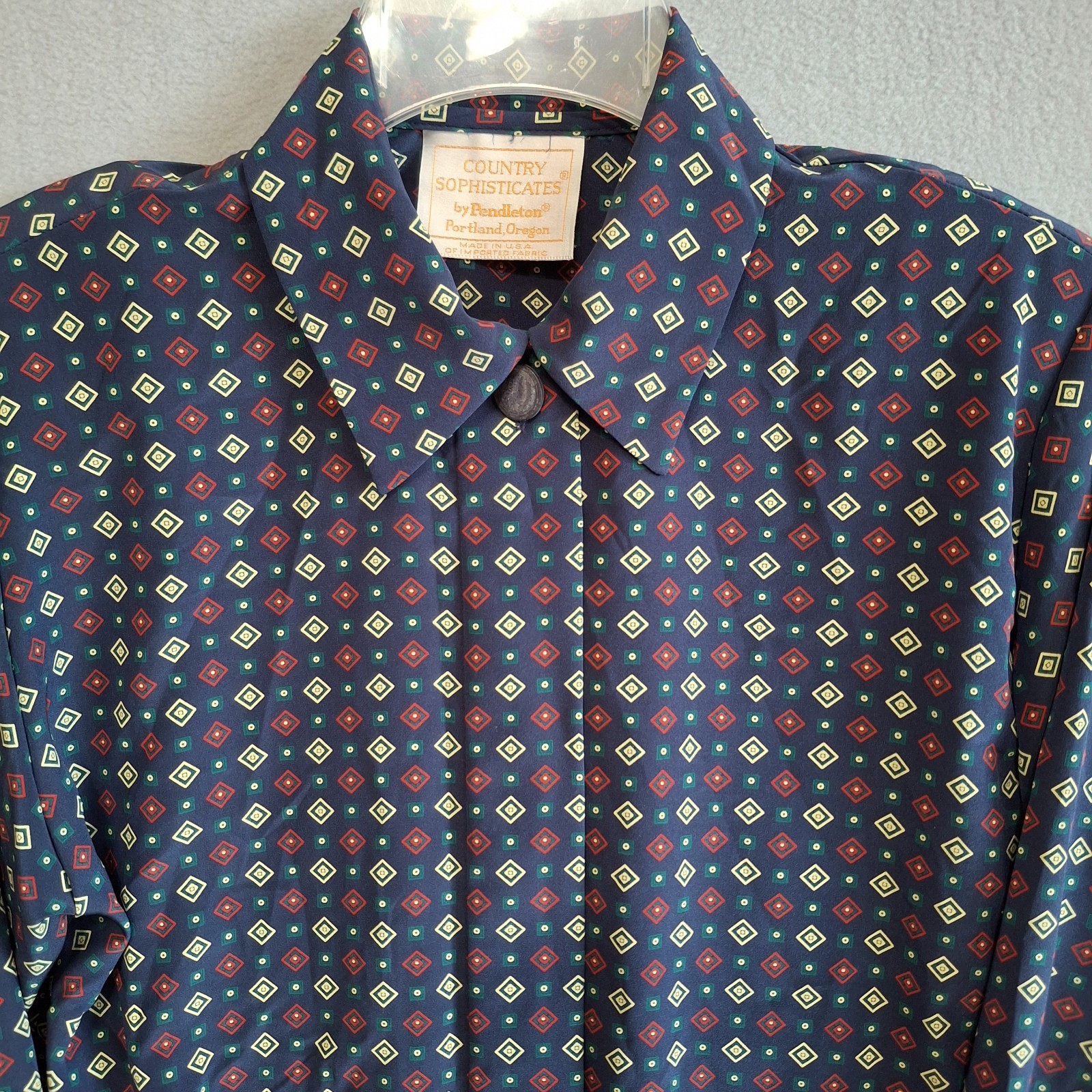 Pendleton Size 8 Blouse Vintage Button Accent Collar Blue Geometric Made In USA