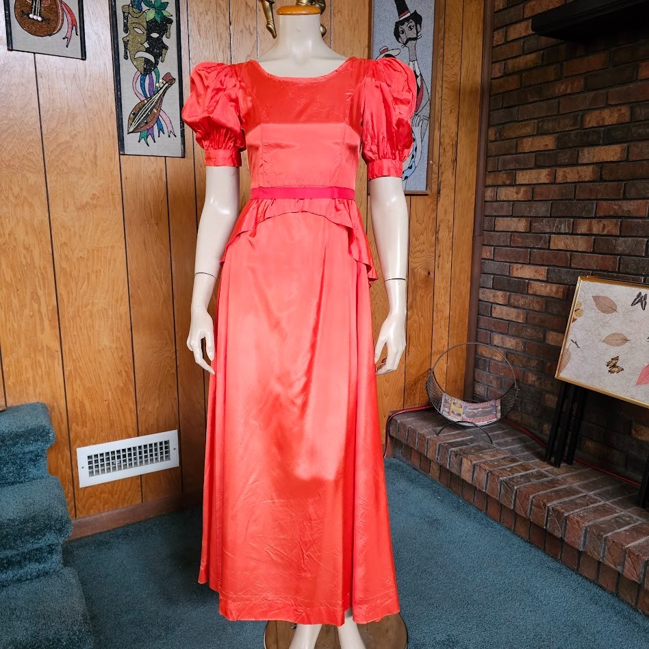 Vtg 40s Tangerine Old Hollywood Glamour Peplum Puff Evening Gown Dress XXS/XS