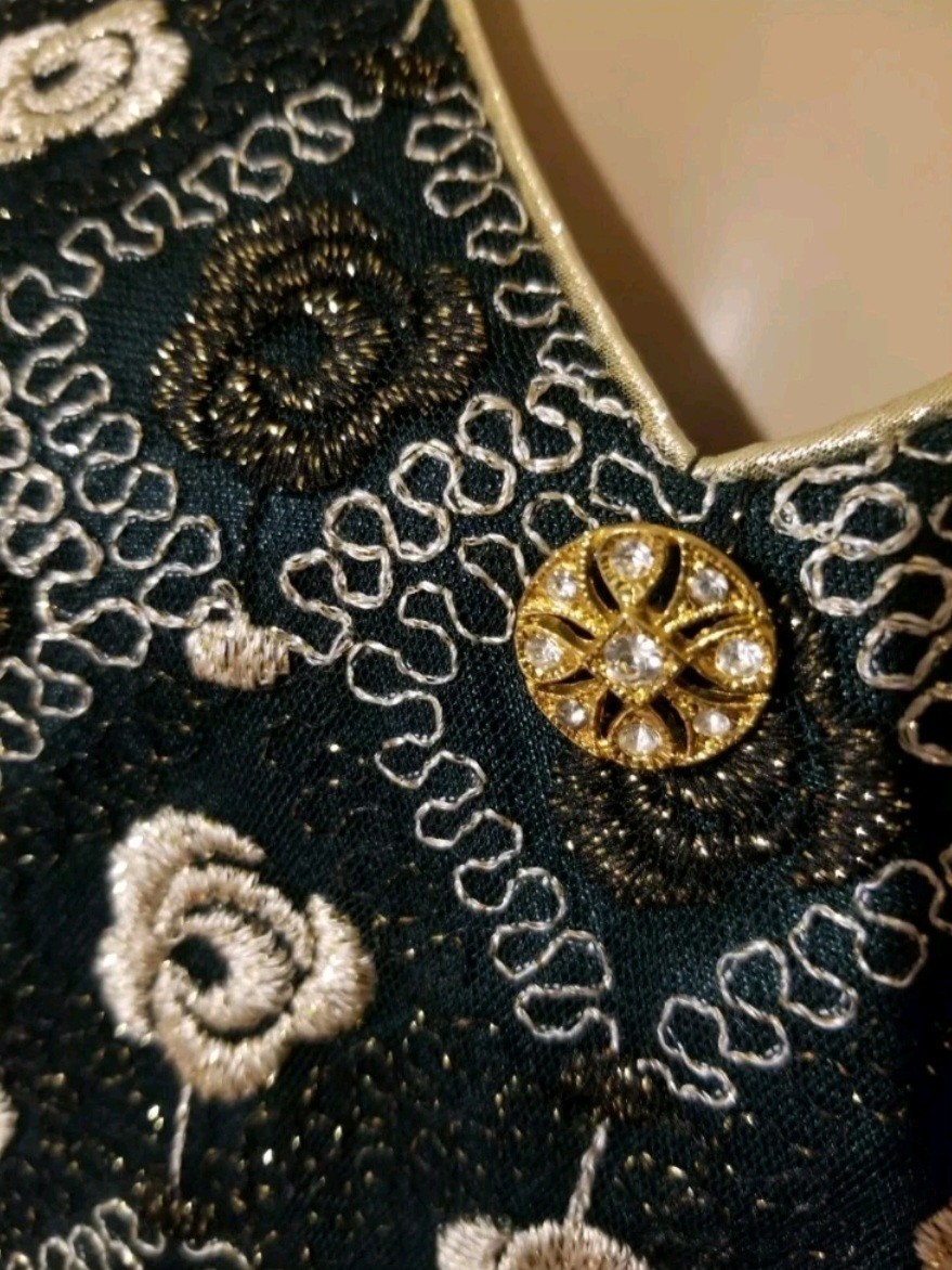 Vintage Aspeed Size Medium Formal Dress Green Velvet Gold Embroidered Sleeveless