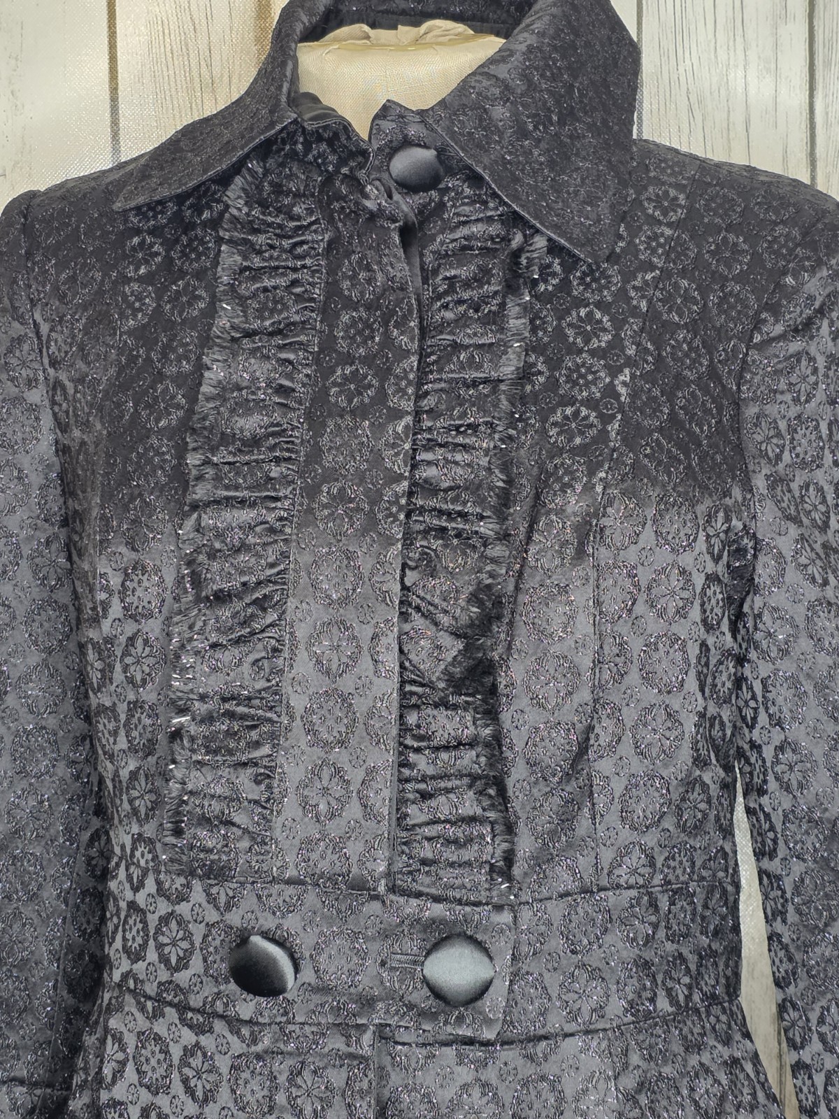 Andrea Becker Vintage Black Brocade Coat Ruffle Whimsigoth Size 8