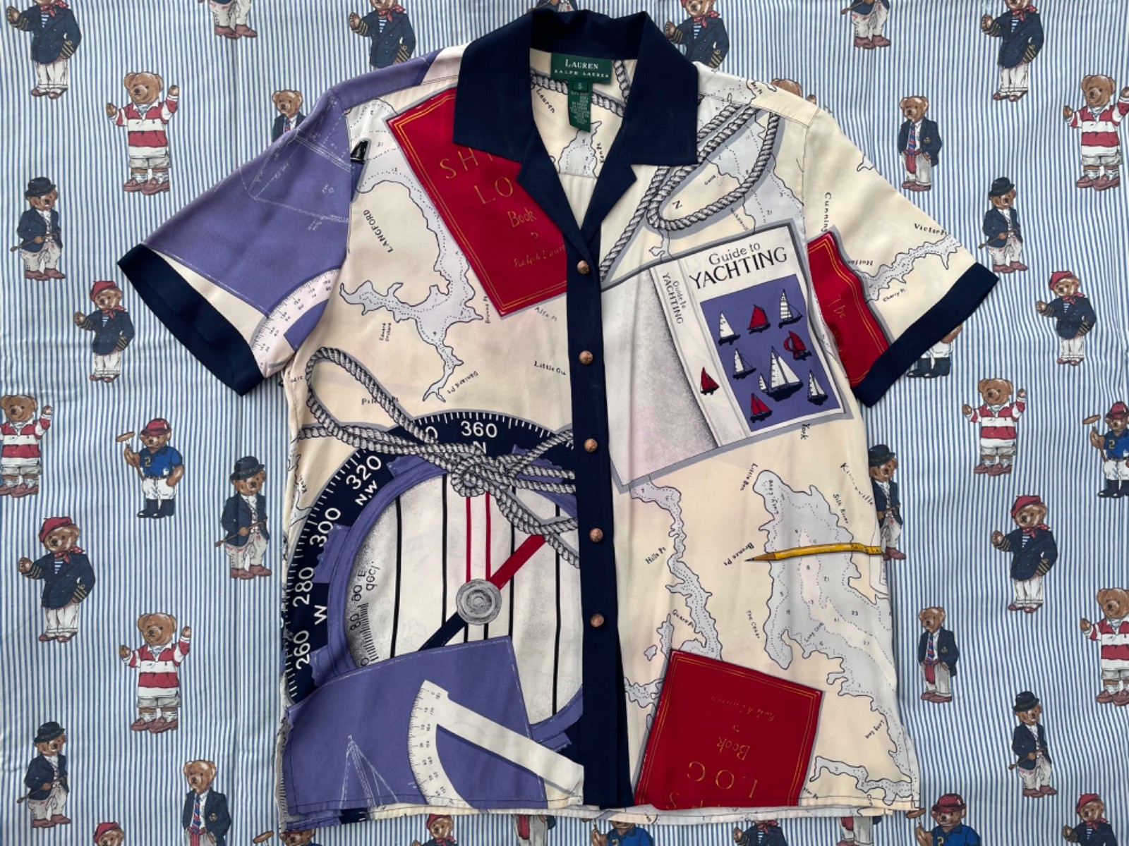 VTG LAUREN Ralph Lauren womens nautical theme silk button ss shirt S