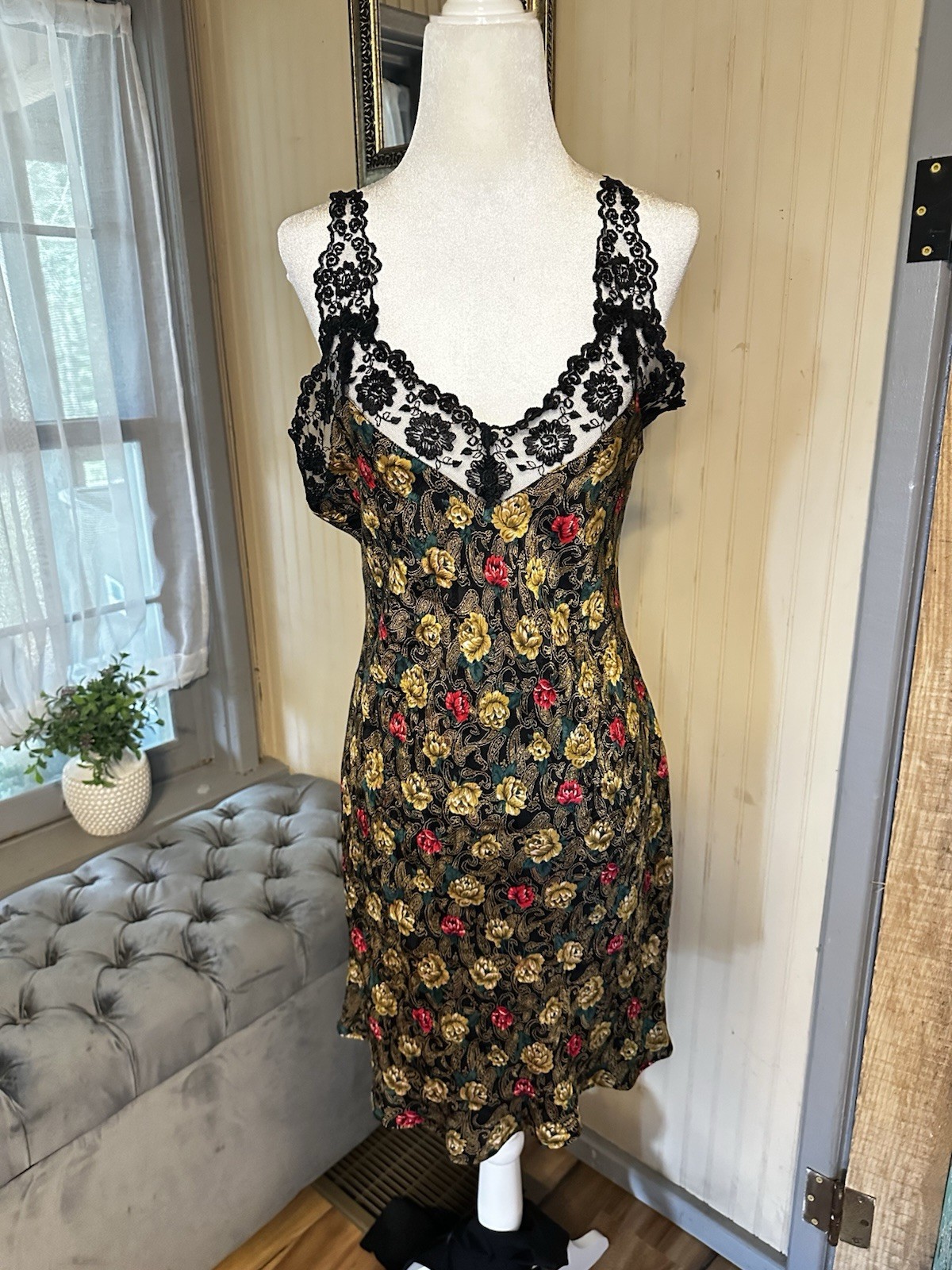 Vintage Y2K Silkscreen 100% Silk Floral Lace Chemise Slip Dress Lingerie Large