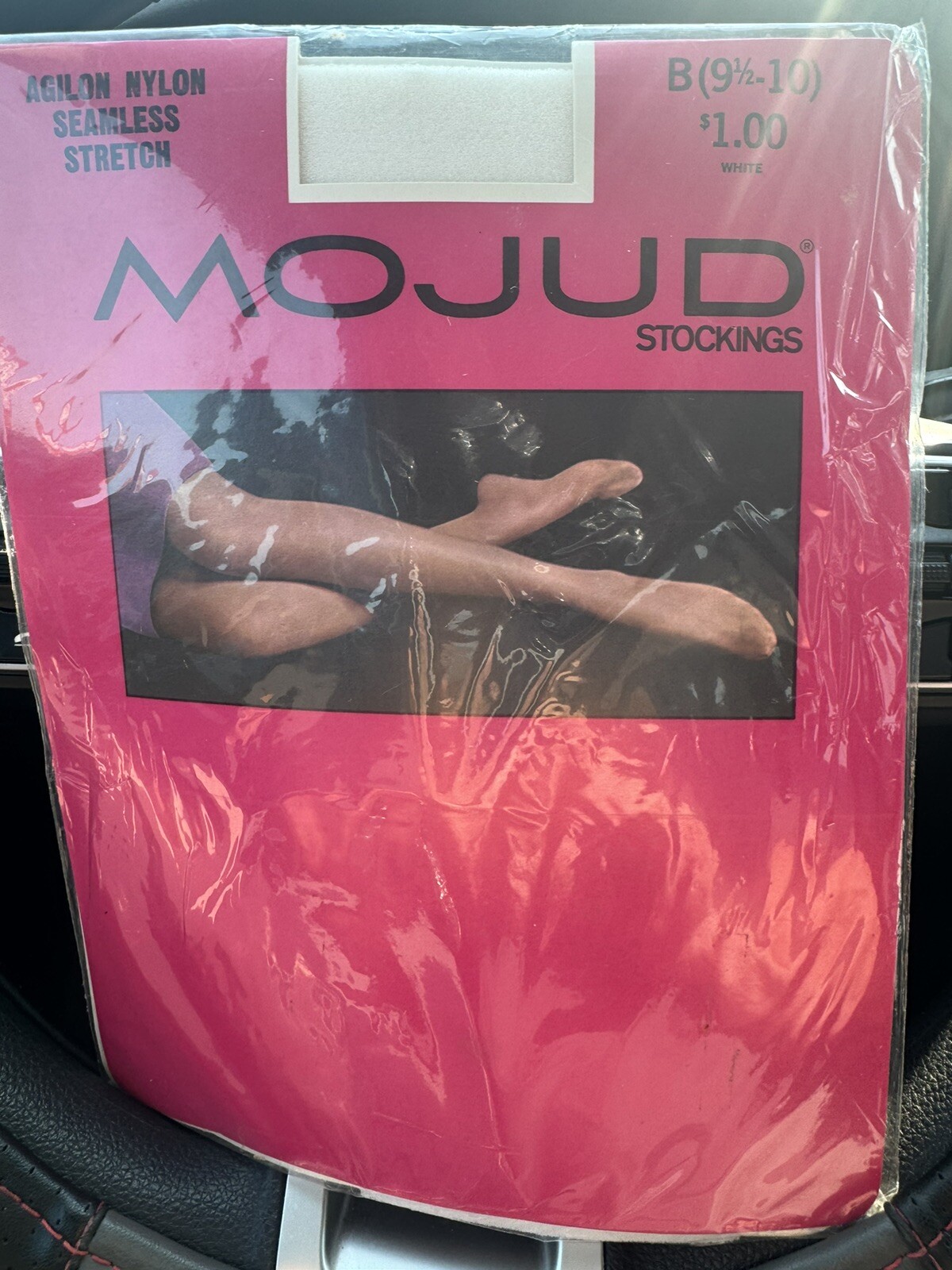 Mojud Seamless Mesh Agilon Nylon Stockings Sz 9 1/2-10 Long Color White 1960s