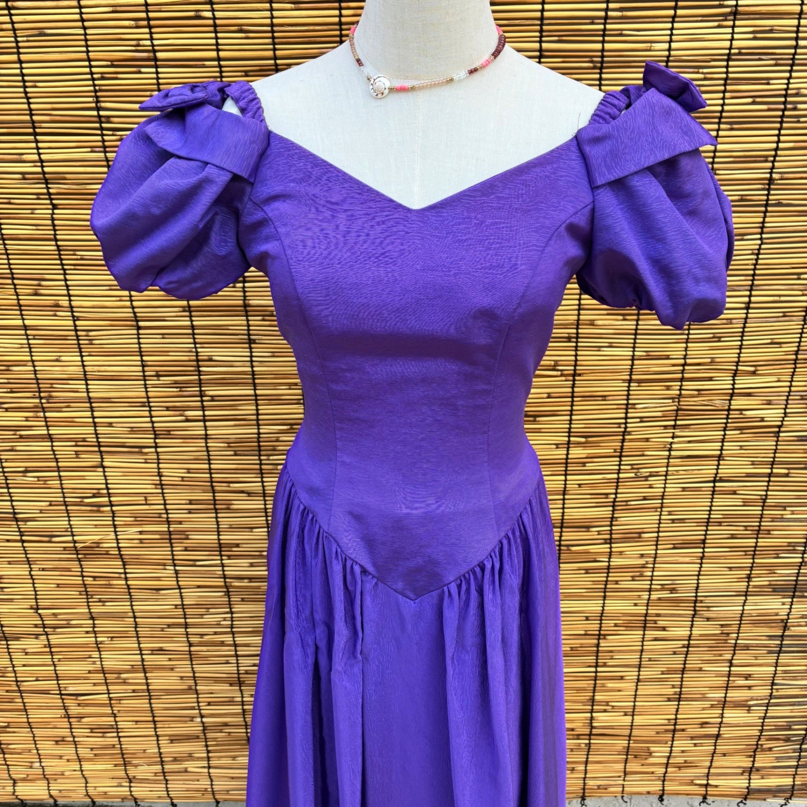 Vintage 80s Purple Moire Puff Sleeve Bow Back Gown ILGWU Made in USA 7081