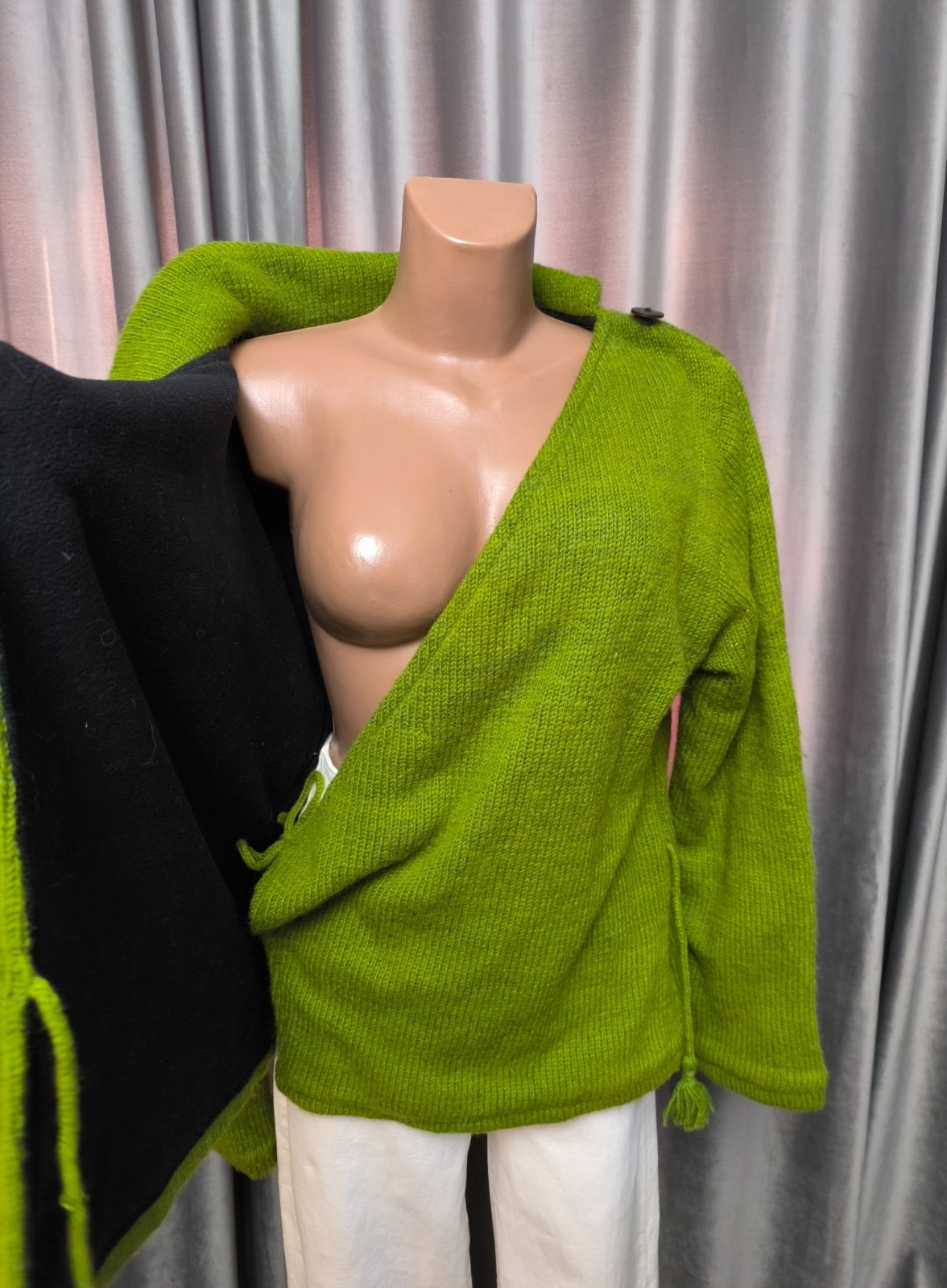 Vintage 100% Wool Green Cardigan Jacket Handmade Nepal Boho Lined L