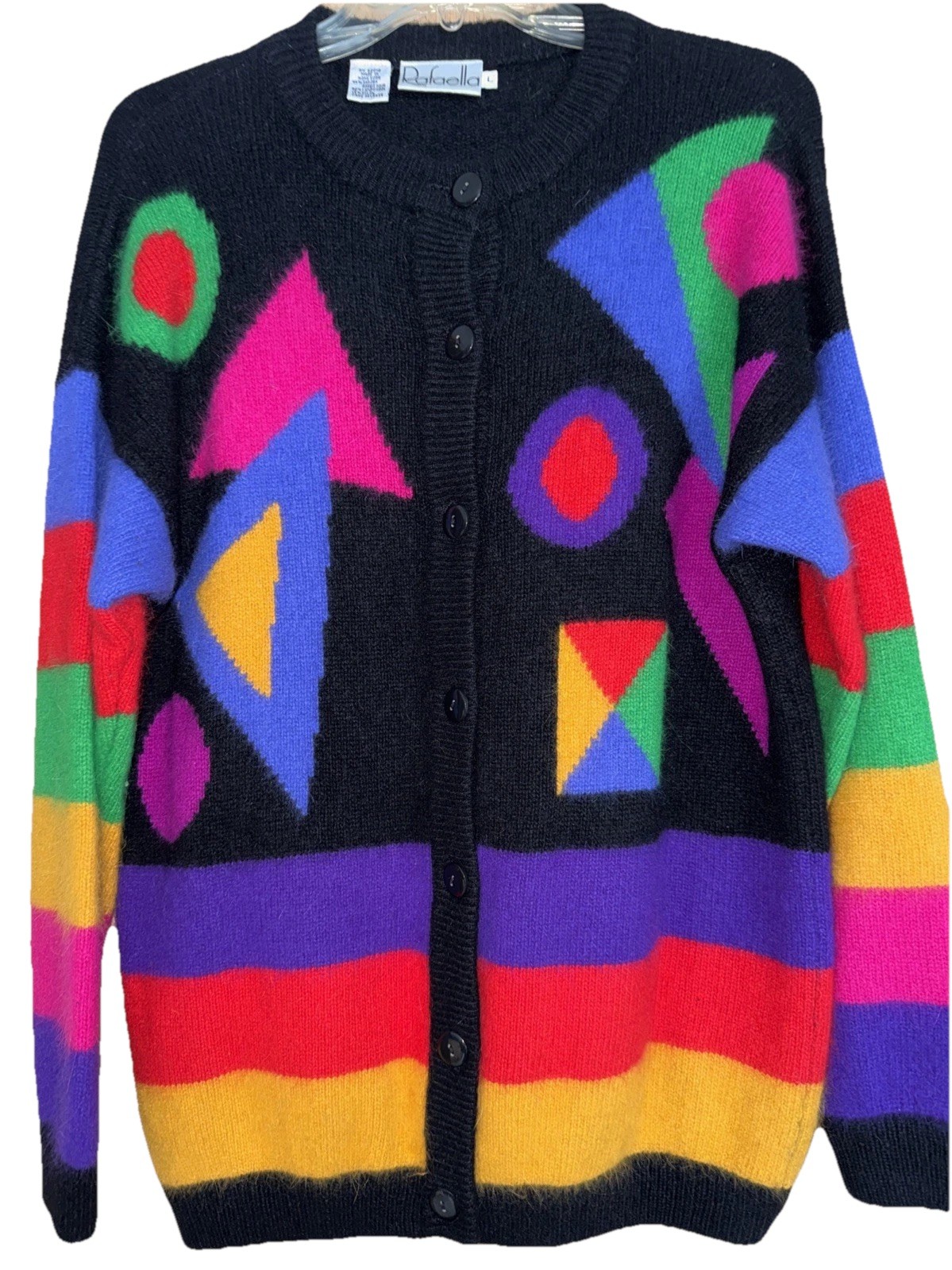 Vintage Rafaella Geometric Abstract Rabbit Fur Rare Cardigan Sweater Size L