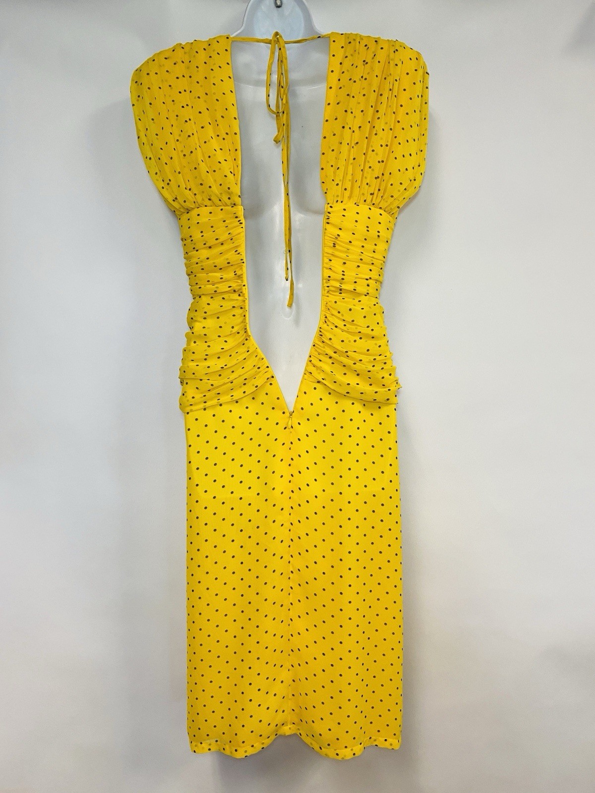WAYNE CLARK Vtg 80s Yellow Brown Polka Dot Chiffon Draped Dress Floaty Scarf W30