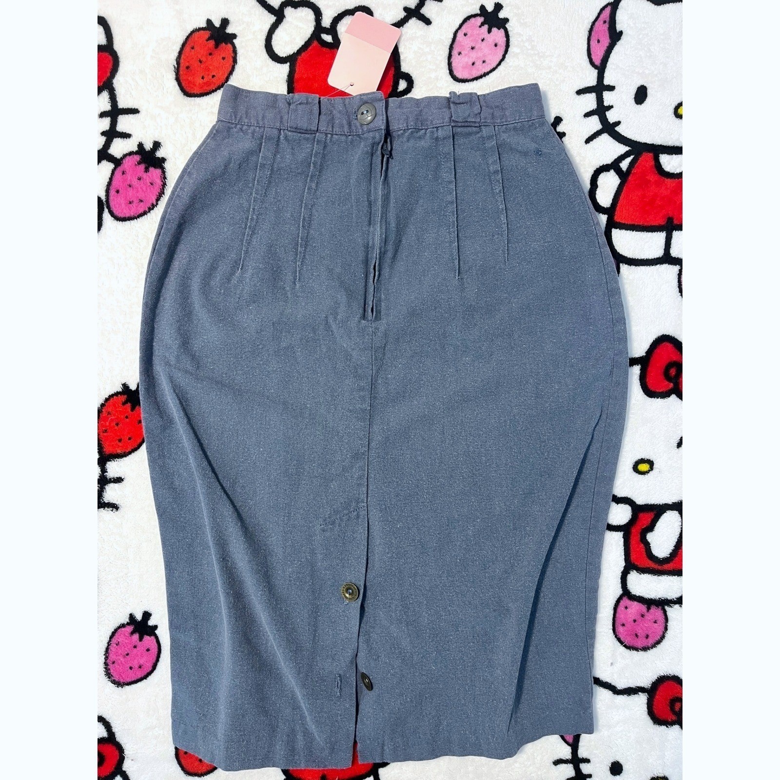 Vintage French Military Style Canvas Pencil Skirt Blue Grey Pleated Midi Talon