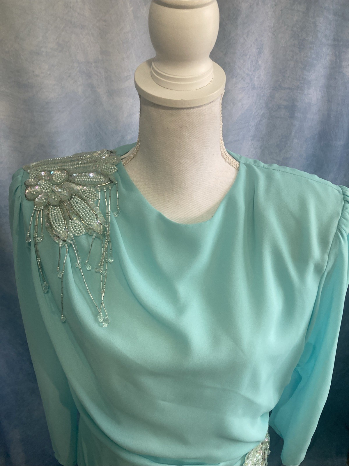 VTG 80s Abby Kent Aqua Mint Beaded Draped Cocktail Dress Ruched Fit Modern Small