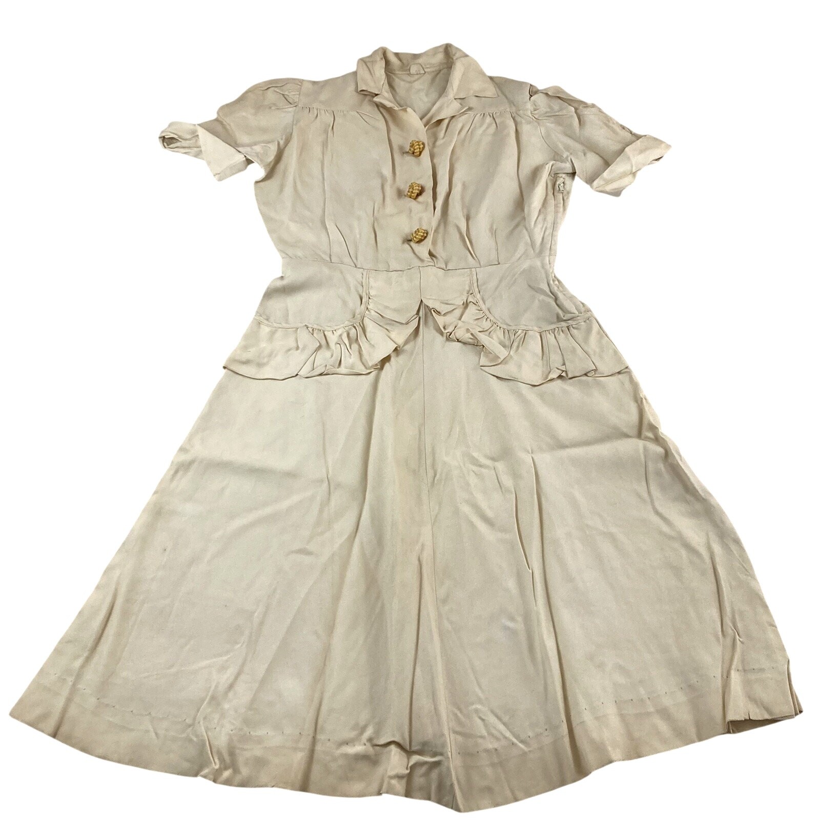 Cream Collared Dress Vintage Size 12 A-Line Short Ruffles Pockets Side Zip