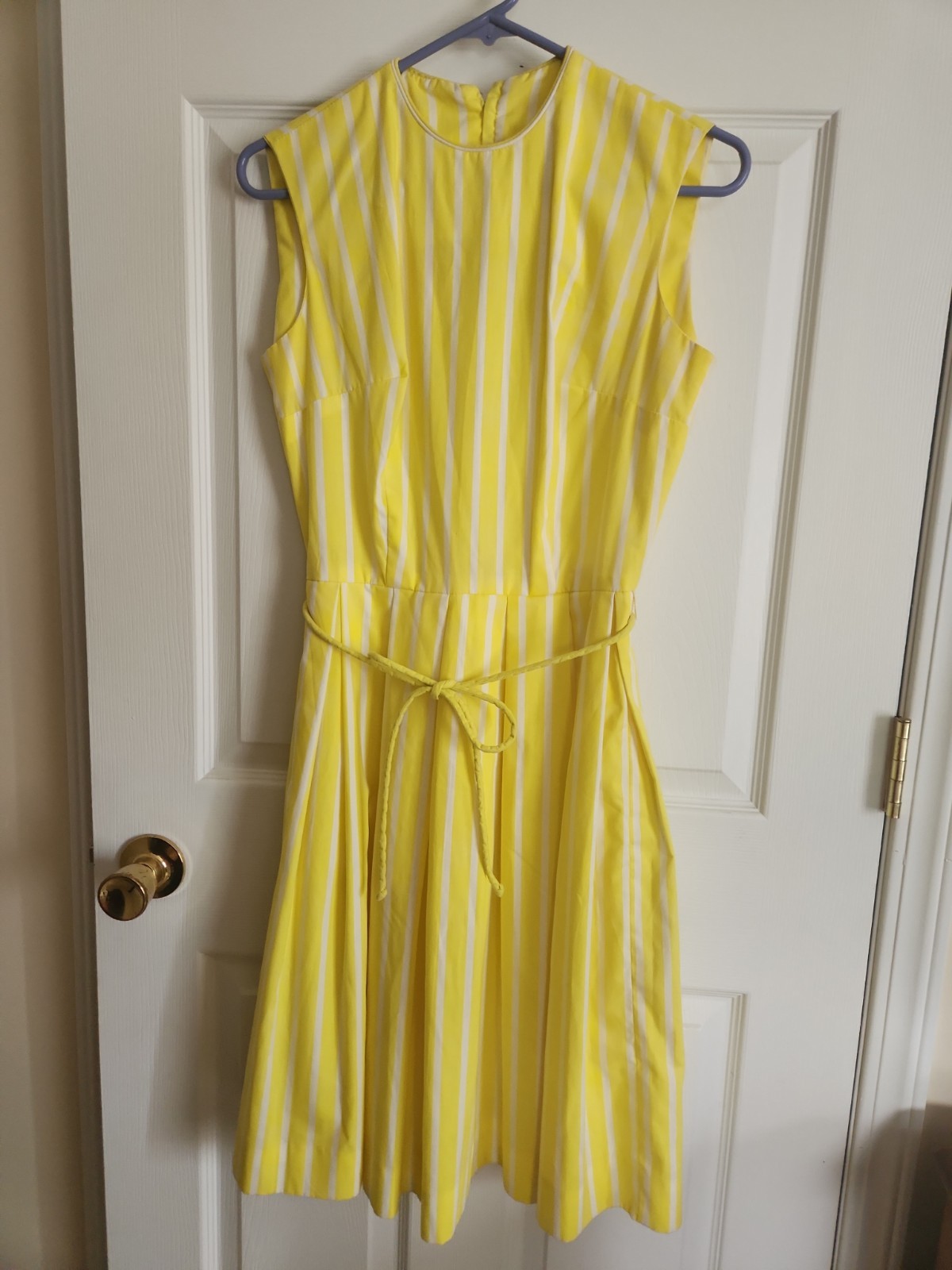 Vintage 1960s Carol Brent Yellow White Stripes Sleeveless Dress