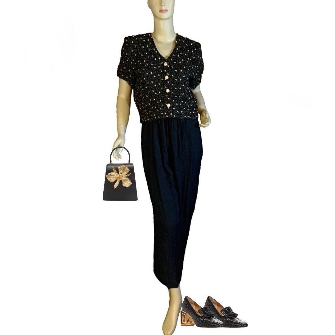 VINTAGE CIRCA 1990&rsquo;S BLACK & GOLD JEFFREY & DARA JUMPSUIT SZ 4P