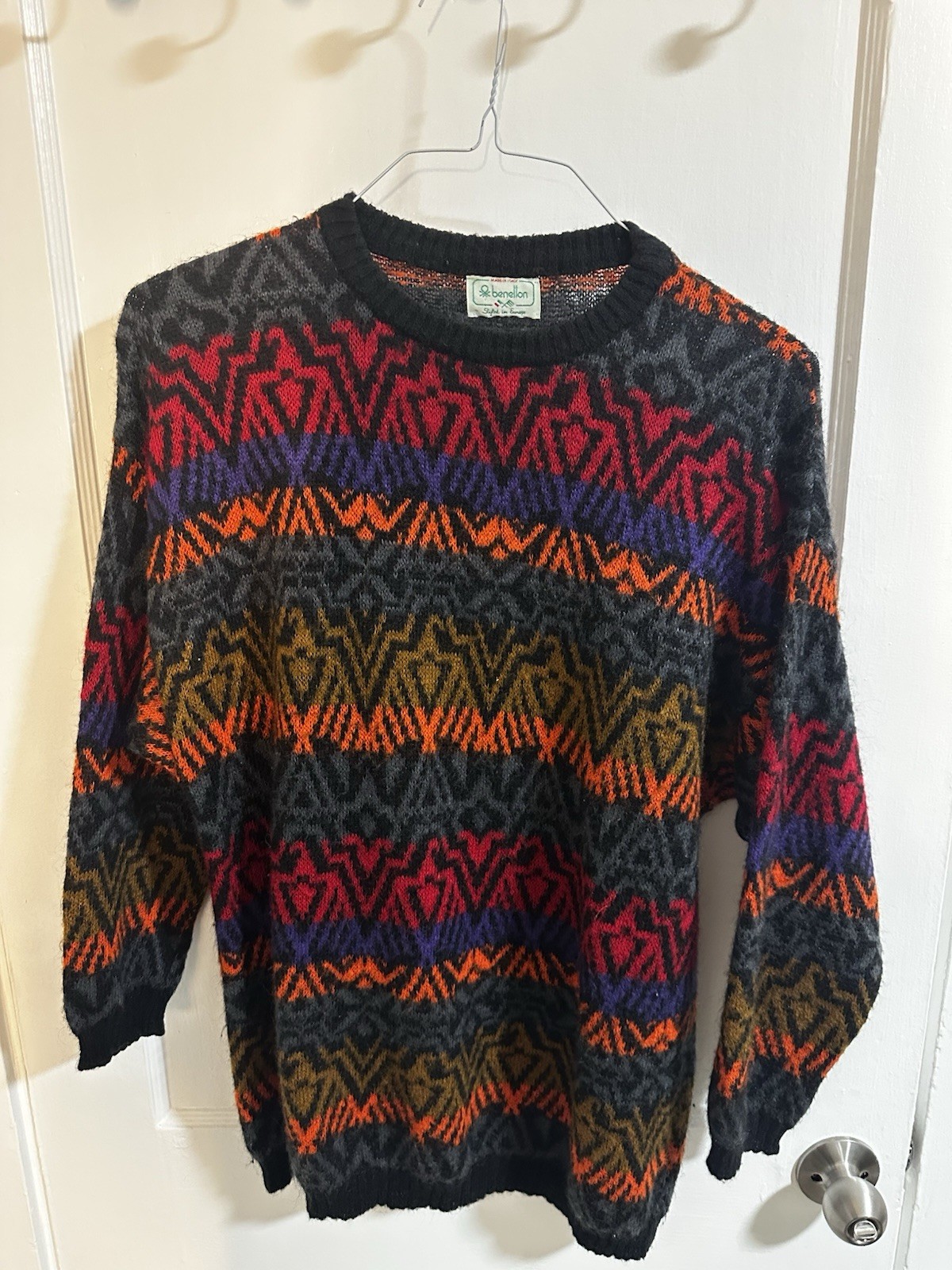 Benetton Vintage Women&rsquo;s Sweater Multicolor Geometric Pattern Black Red Orange