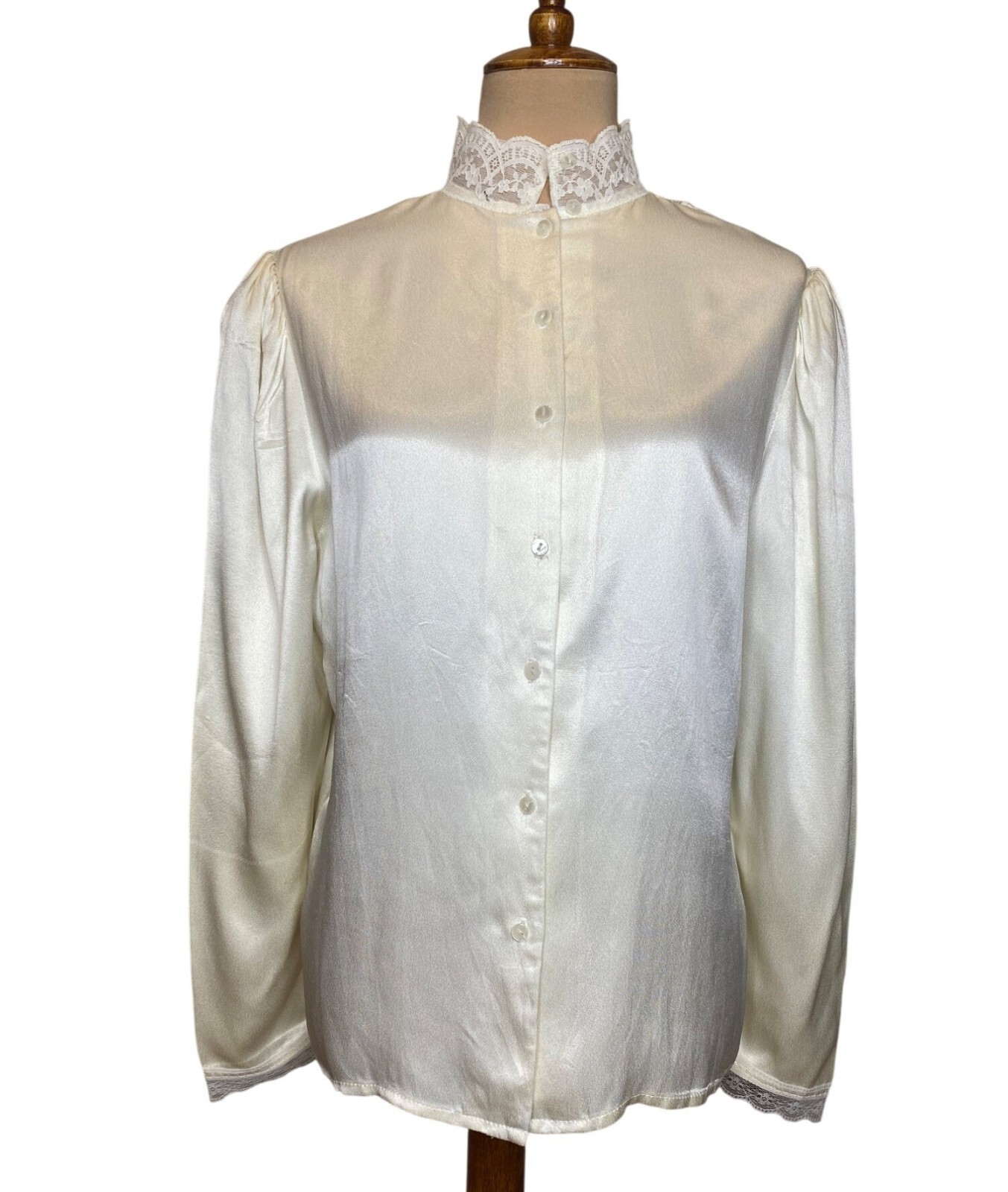 Vintage Gunne Sax Victorian Ivory Lace Back Button-Up Blouse With High Collar 11