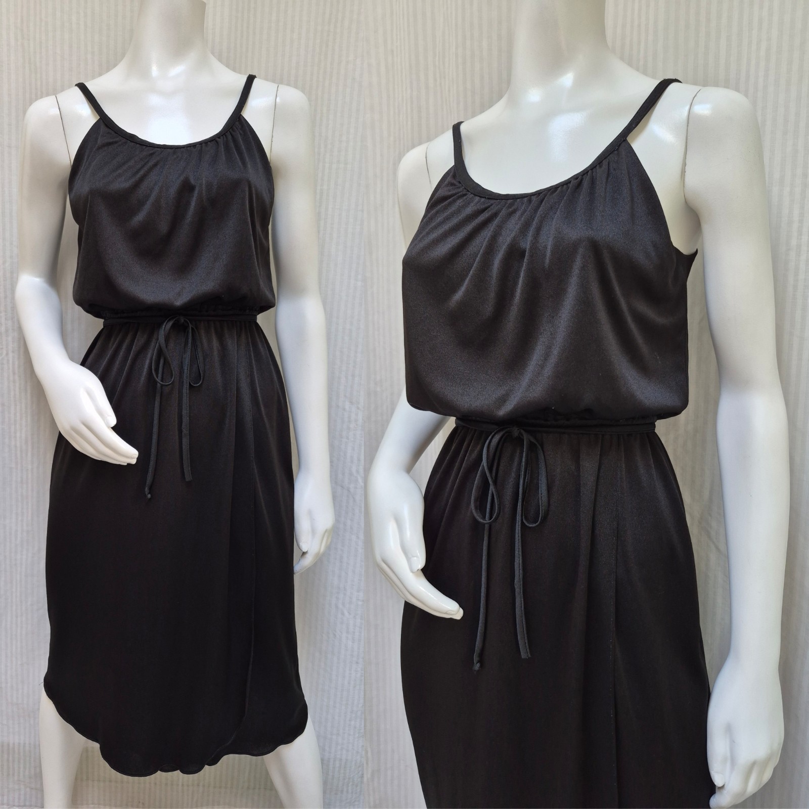 Vintage 1970s Black Shiny Jersey Knit Disco Dress w/ Tie Belt – Size S – EUC