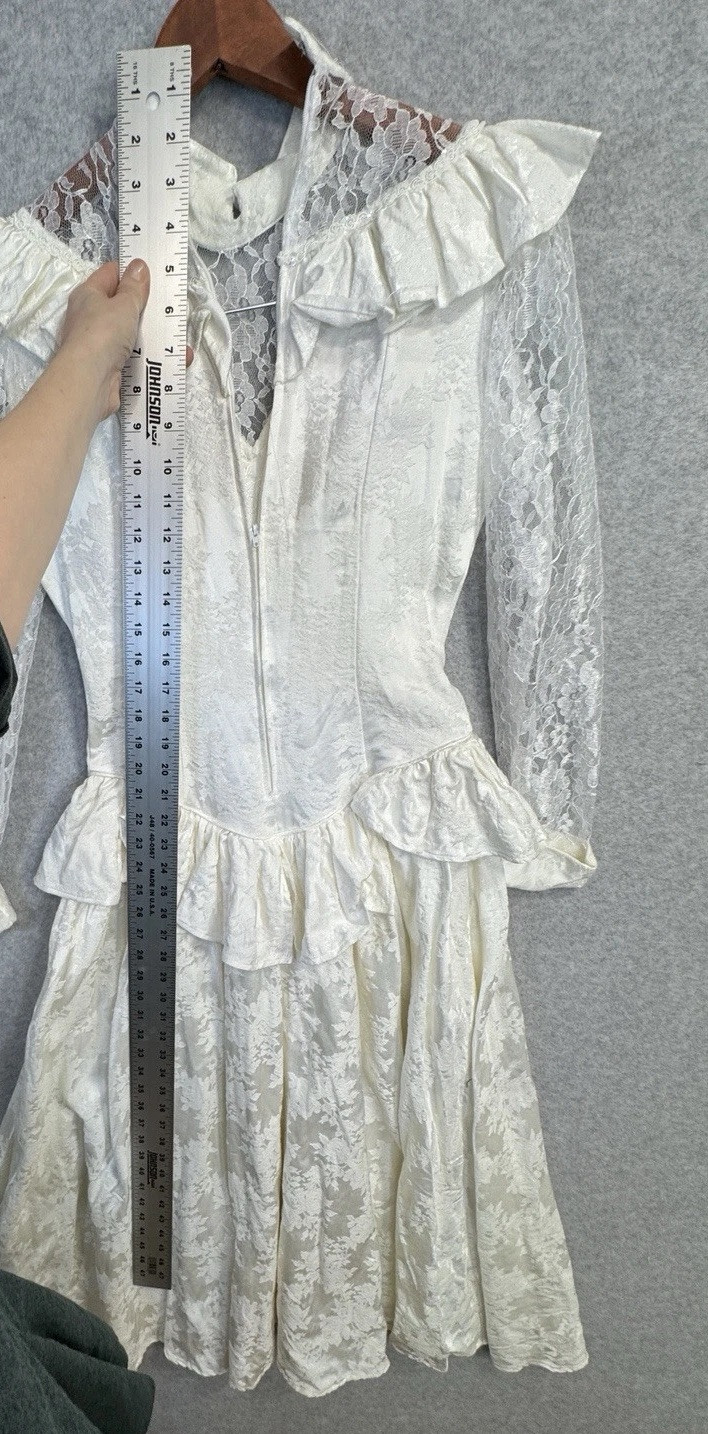 VTG 80s Roper Rustic Ivory Lace Jacquard Prairie Victorian Dress Womens 5/6 USA