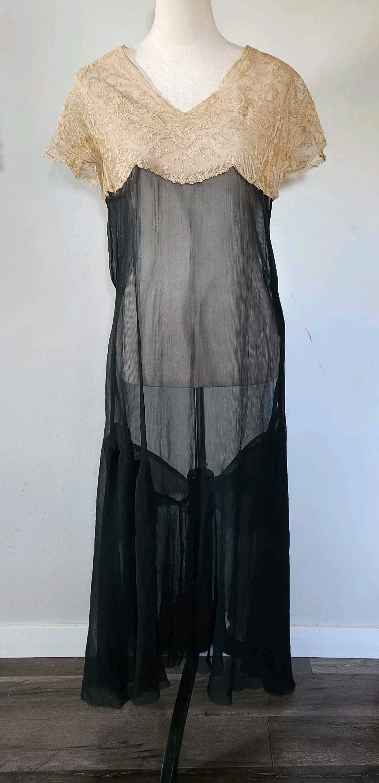 Antique 20s 30s Hollywood Art Deco Dress ALENCON LACE w/ ILLUSION BODICE Flapper