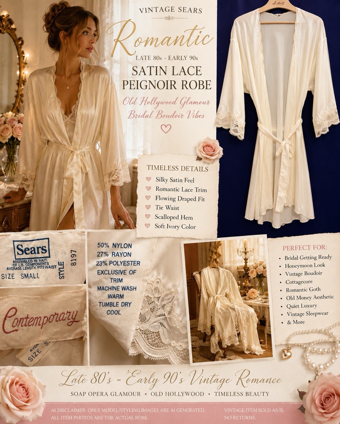 VTG Sears Ivory Satin Lace Peignoir Robe Bridal Boudoir Romantic S With Tie EUC