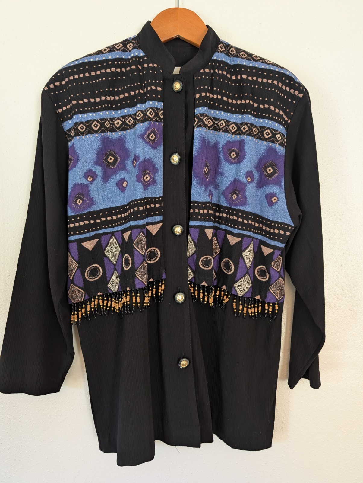 Peter Popovitch Womens Top Size S Beaded Blouse Artsy Black Western Art To Wear
