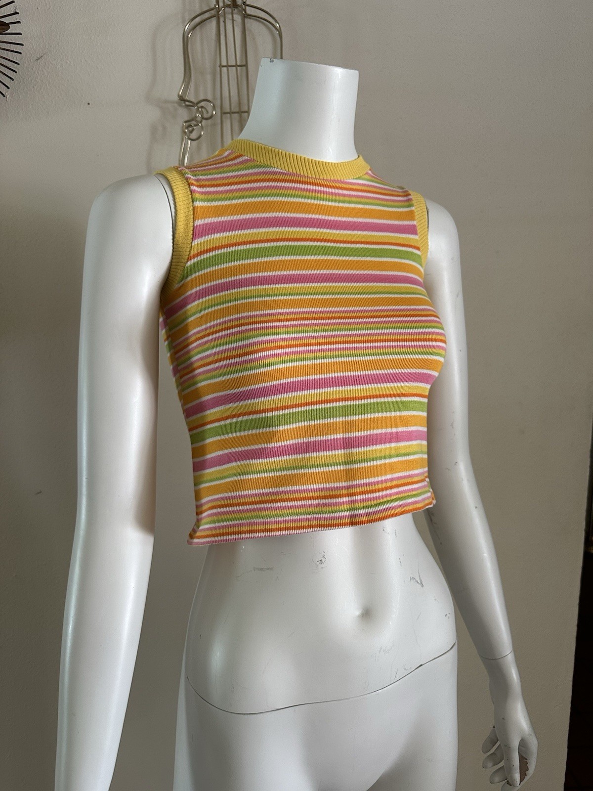 1960s 70s Stripe Knit Crop Tank Top Mod Resort Sportswear Surf Pink XS S VTG