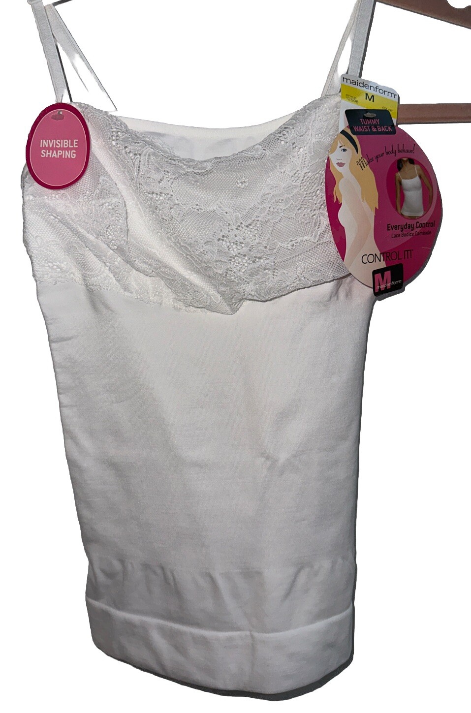 MAIDENFORM 12598 Sz: M-White 🤍Control It Lace Bodice Everyday Control Camisole